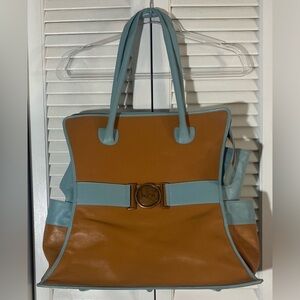 bo2n Born Out of Necessity Oversized Tote, Tan Calfskin Leather w/Blue Accents